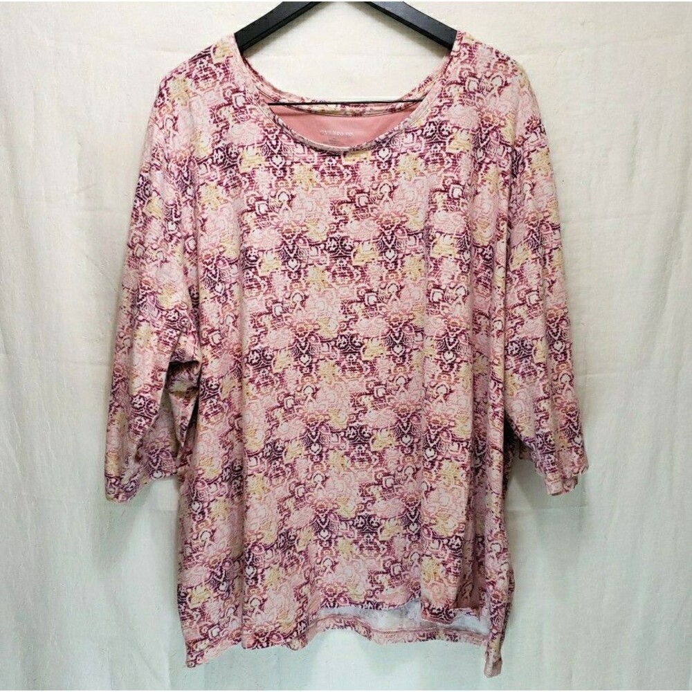 Catherines Floral Print Top 3X 26/28W Pink Purple Cotton Stretch 3/4 Sleeve Tee
